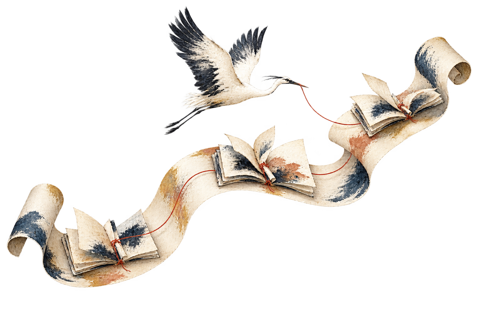 A heron carries a thread joining three notebooks along one flowing paper scroll