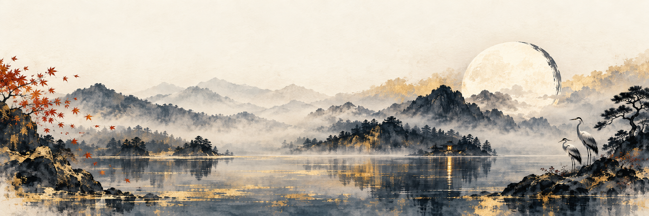 The complete ink painting: a pale moon above layered mountains, herons and a still lake